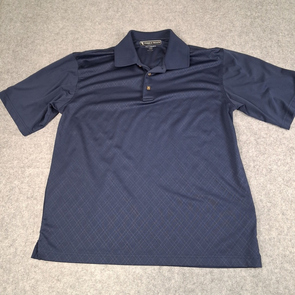 Pebble Beach Polo Shirt Mens Medium Blue Performance Diamond Grid‎ Short Sleeve